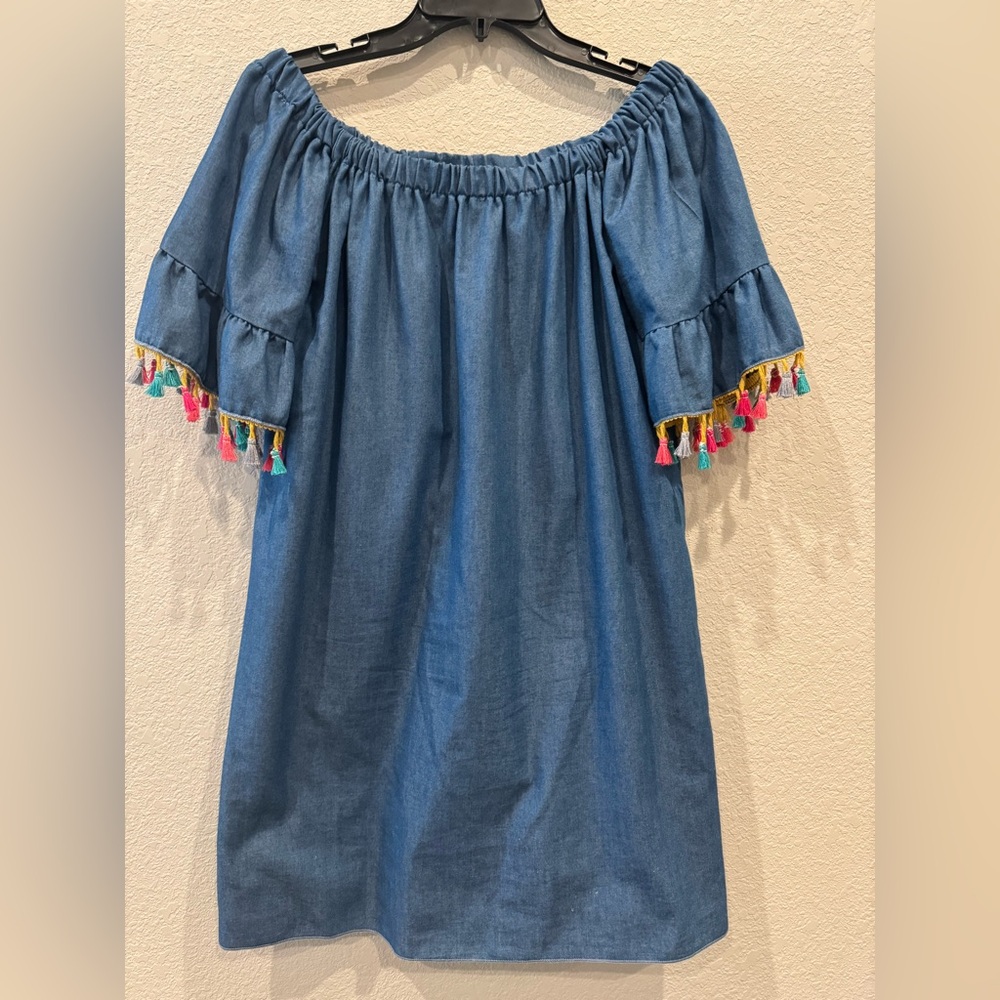 See you Monday Mini denim colored dress with colored tassels XL
